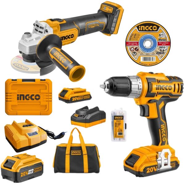 Ingco - Cordless Angle Grinder - 115Mm &amp; Cordless Dril With Accessory Set