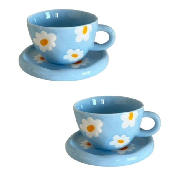 2 Pack Hand Painted Small Flower Ceramic Cup Blue Plumeria - Blue