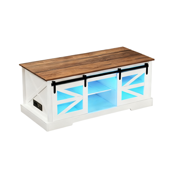 Furnny Farmhouse Lift Top Coffee Table with Charging Station and LED Lights