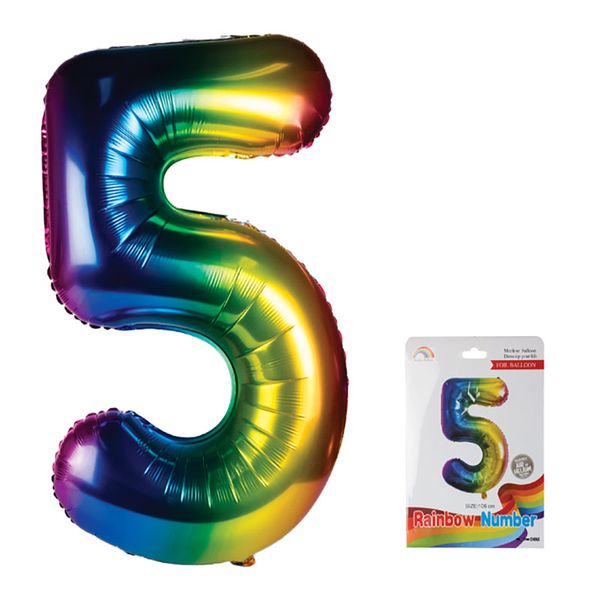Balloon - Aluminium Foil - Metallic Rainbow - Number 5 - 106cm - 4 Pack