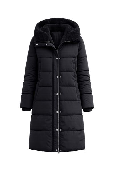 Women's Long Black Puffer Jacket with Faux Fur Collar