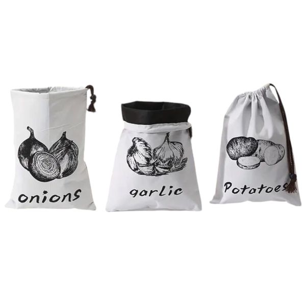 Set of 3 Canvas Reusable Veg Bags with Drawstring - Increased Shelf life