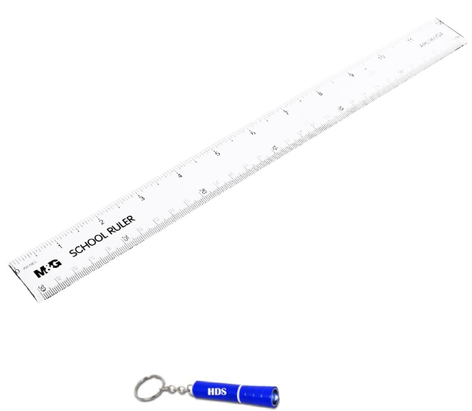 M&amp;G clear super hero 30cm ruler with branded HDS torch