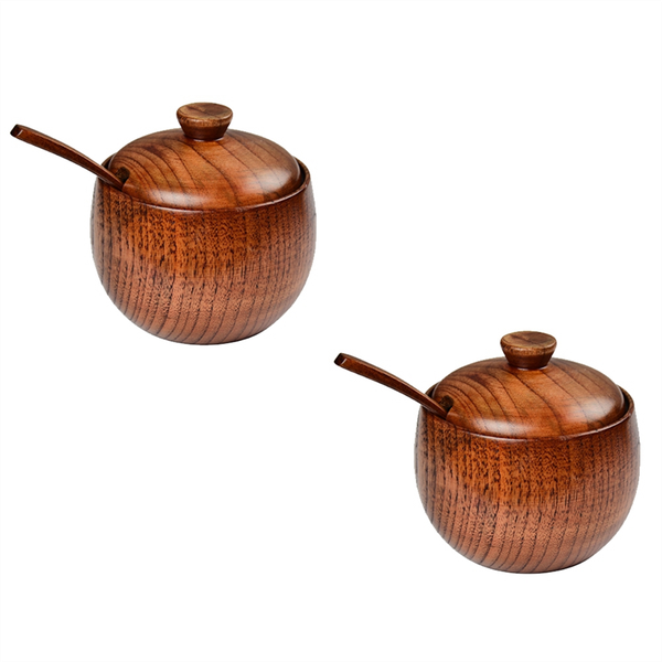 2 Pcs Wood Spice Jar With Wooden Lid And Spoon Nordic Concise Tool