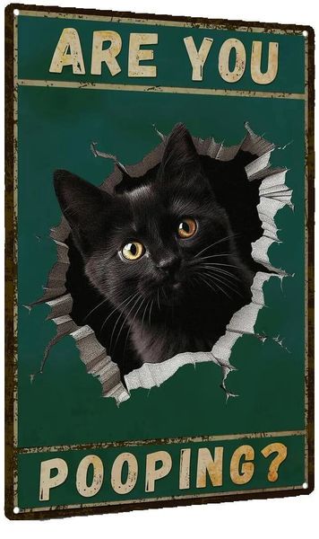 8x12" Funny Black Cat "Are You Pooping" Metal Sign, Vintage Bathroom Decor