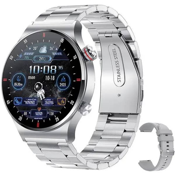 Smart Watch for Men, Health Monitoring, Sports, Steel+Silicon Strap, Black