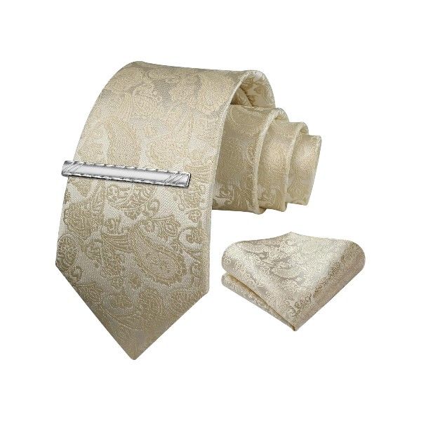 Mens Formal Tie With Pocket Square &amp; Pin - Gold