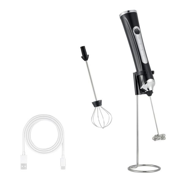 Coffee Milk Whisk Foam Maker, Handheld Electric, 2 Head, Send Rack - Black