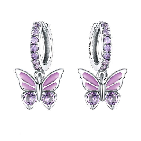 Girls 925 Sterling Silver Purple Butterfly Zircon Drop Hoop Earrings Women