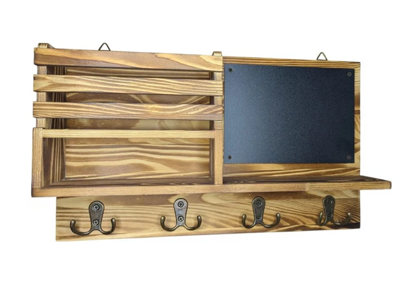 Rustic Wooden Mail Key Holder with Chalkboard
