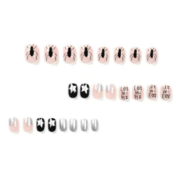 Halloween Short Black And Pink Nail Art With Star Pattern Fake Nails