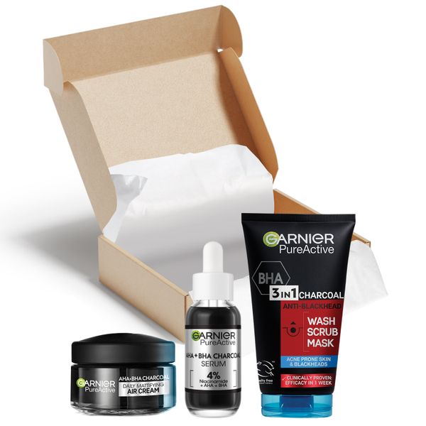 Garnier Charcoal AHA BHA Anti-Blackhead Wash, Serum &amp; Air Cream Bundle Set