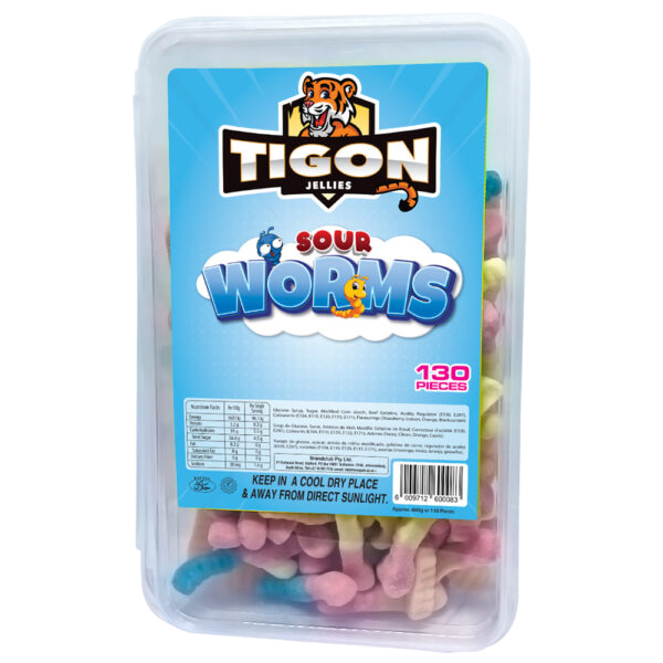 Tigon Jellies - Sour Worms - Assorted Flavours - 130 Pieces
