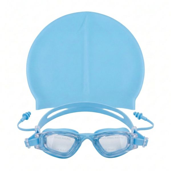 Kids Swimming Goggles &amp; Silicone Swim Cap Set with Integrated Earplugs - UV
