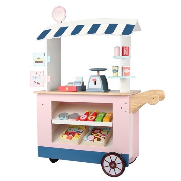 Children Pretend Play Fun Activity Wooden Food Stand Grocery Store Toy Set