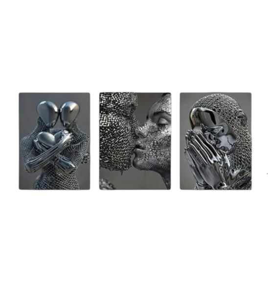 Framed Couple Metal Statue Wall Art - 3 Pieces Set