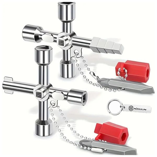 2Pcs 4-Way Universal Utilities Key, Multi-Functional with Bit Zinc Tools
