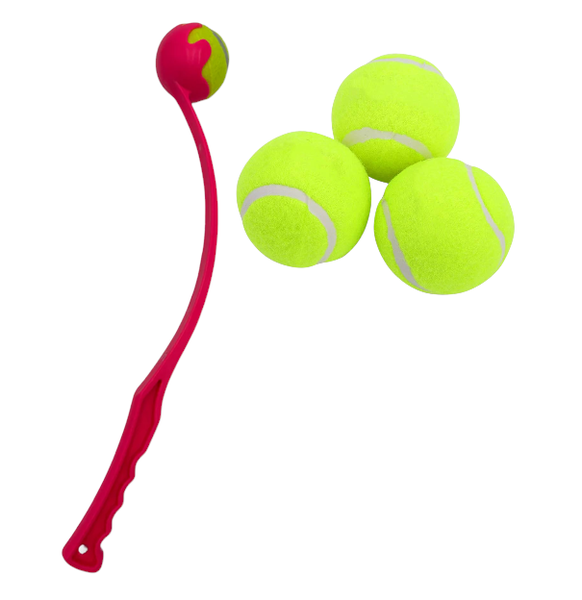 Dog Ball Launcher - 60cm Hands-Free Thrower with 3xTennis Ball (Red/Blue)