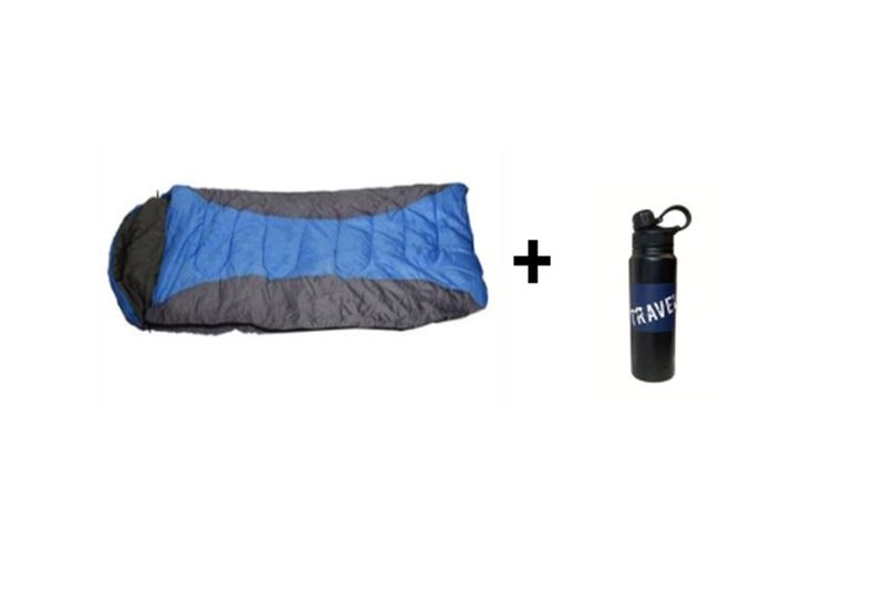 190T Waterproof Sleeping Bag Blue with Insulated Water Bottle Combo