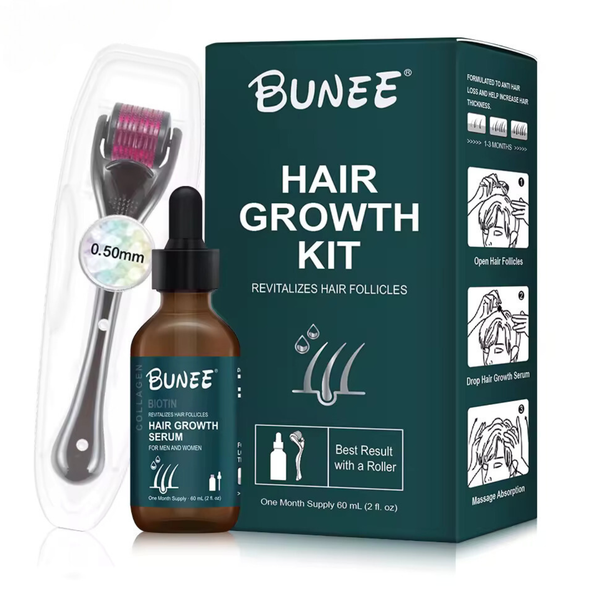 Bunee Hair Growth Serum with Derma Roller Kit - Hair Loss For Men and Women