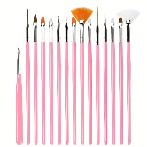 Nail Art Brush Set 15 Piece - Pink