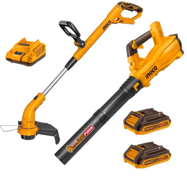 Ingco - Cordless Blower &amp; GrassTrimmer with 2.0Ah Battery &amp; Charger