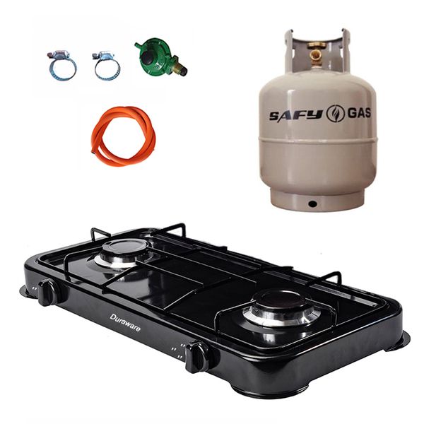 Black 2 Plate Gas Stove with Fittings &amp; Gas Cylinder - 5kgDeals