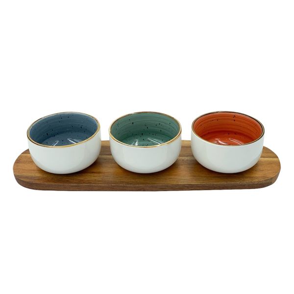 Blue Angel 4 Pieces Ceramic Snack Serving Bowl with Bamboo Tray