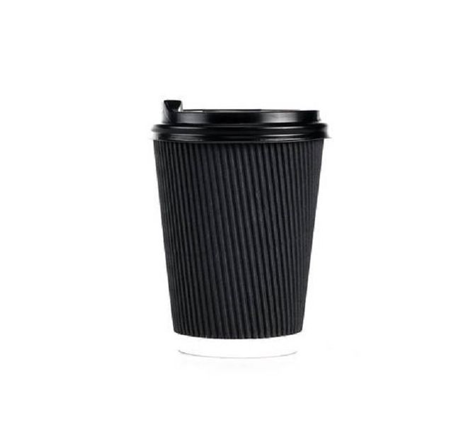 Black Ripple Disposable Coffee Cups with Lids (Pack of 50)