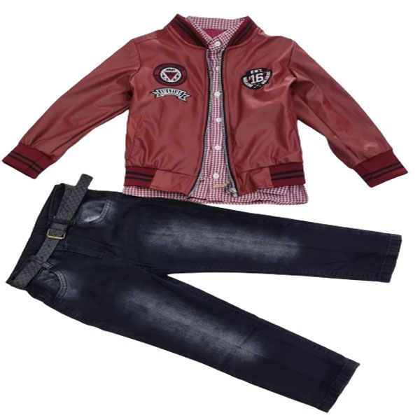 Boys Red with Red Shirt Fashionable Jacket and Denim Jean Set