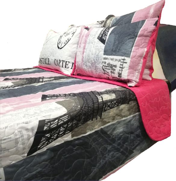 5 Piece Quilt Set Pink Black Eiffel Tower Bedspr image