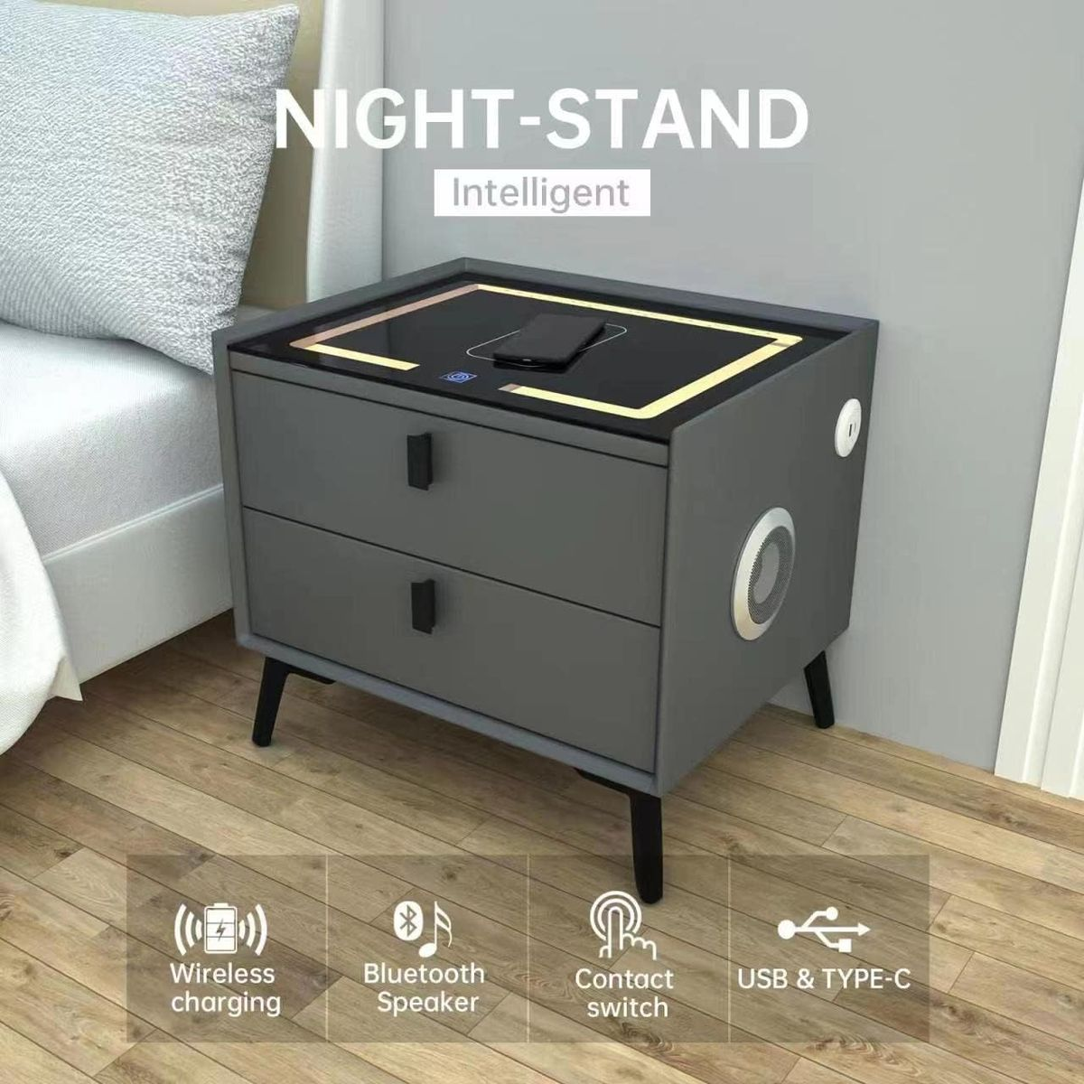 Smart Bedside Table With Speaker Wireless Charging - 40x40x46cm