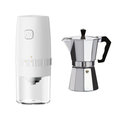 Portable Electric Coffee Grinder with 150ml Aluminum Moka and Espresso Pot