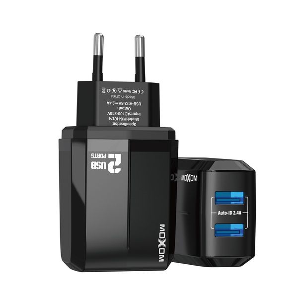 Moxom MX-HC174 Dual USB Charger - 5 V 2.4 A With USB-C Cable (Black)