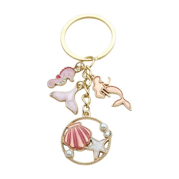 Marine-Inspired Shell &amp; Seahorse Keychain with Pearl Accents - Gold &amp; Pink