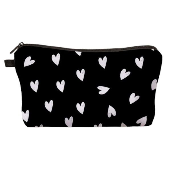 Soft Heart Print Makeup Cosmetic Bag - Black/White