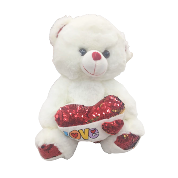 38cm Sequin Teddy Bear with Love Heart - White/Red