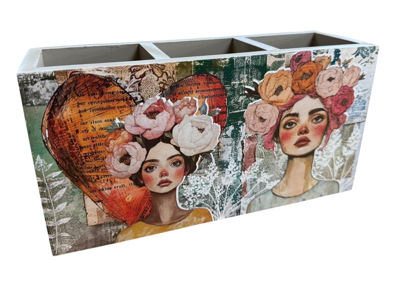 Cutlery/Stationery Holder - Fire Heart &amp; 2 Ladies with Flowers