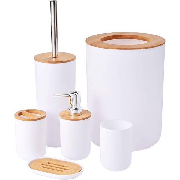 Bamboo Bathroom Accessory Set - Bathroom Bin Toilet Brush Set Holder - 6 Pieces