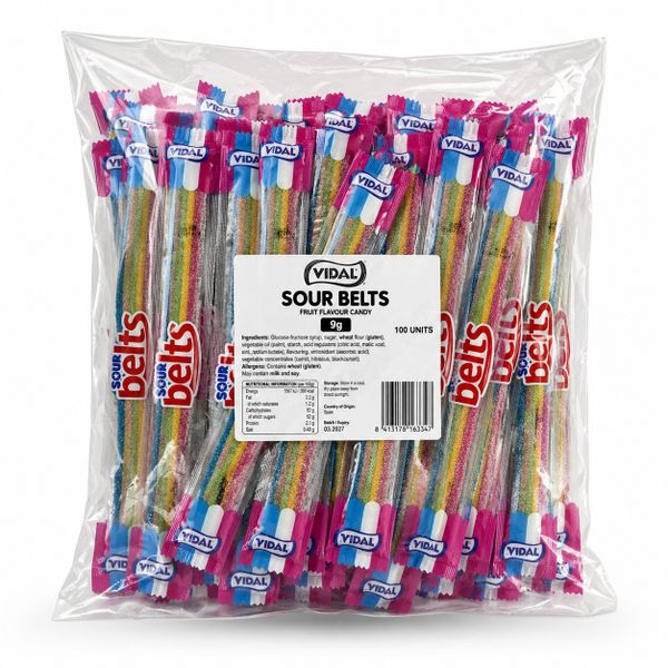 Vidal Sour Belts 9g x 100 - Rainbow Fruit Flavour Candy Pack