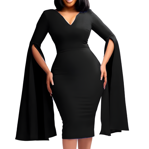 Women's V Neck Temperament Pencil Skirt Long Sleeves Elegant Tunic Dress