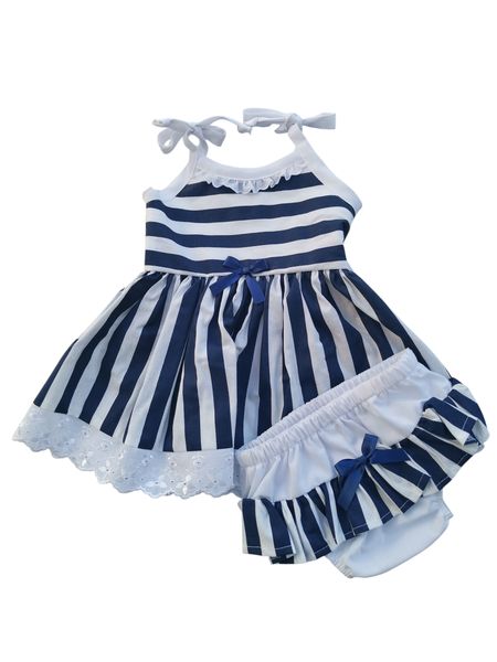 Navy and White Stripe 2 Piece Set Comprising of Short Dress and Nappy Cover