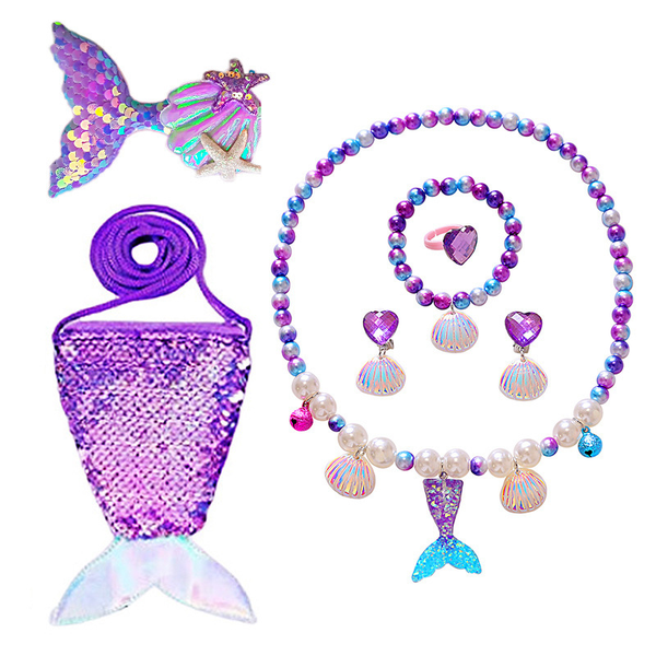 Kids Mermaid Jewelry 7-Piece Set Girls Necklace Bracelet Ring Hair Clip Bag