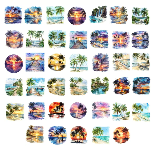 40 Tropical Beach Stickers - Detailed Painting-Style Designs for Scrapbooks