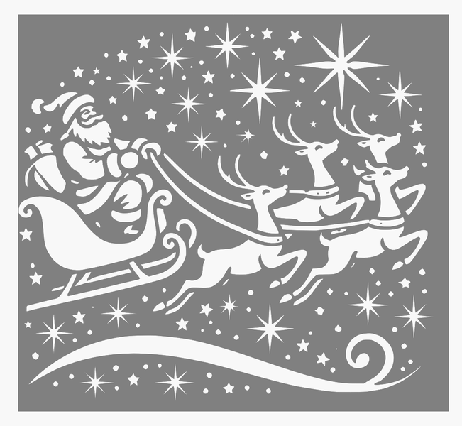 Father Christmas on sleigh with reindeers and stars Stencil