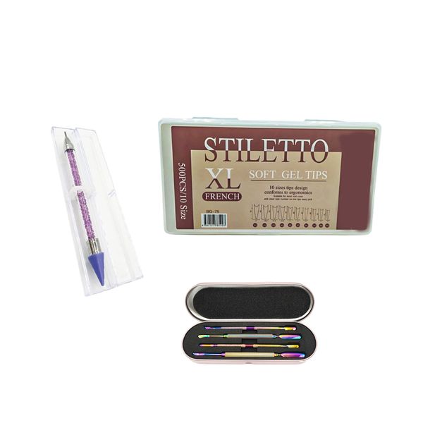 Stiletto XL Soft Gel French Tips, Dotting Wax Pen &amp; 4 Piece Cuticle Pusher