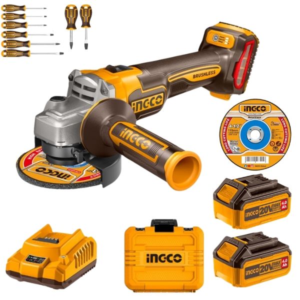 Ingco - Angle Grinder with 2x 4.0Ah Batteries, Charger &amp; Screwdriver Set