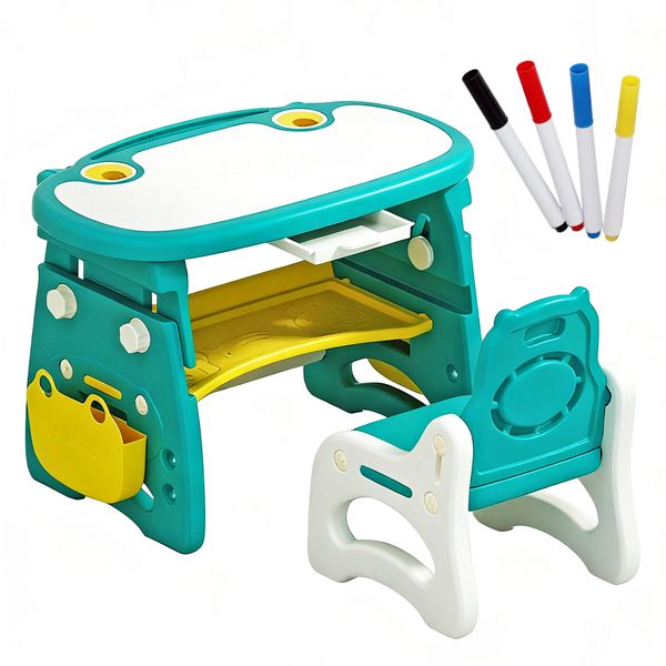 Kids DIY Study Desk &amp;Chair Set Height Adjustable Can Be Graffiti&amp;Drew-Green