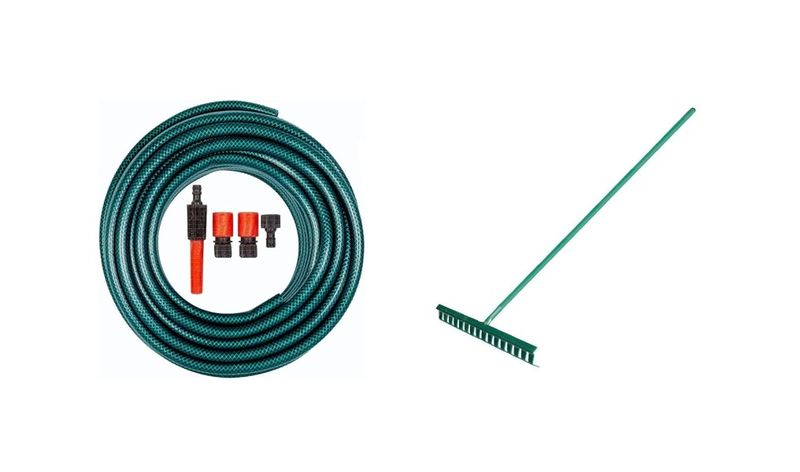 Garden Combo Set - PVC Hosepipe with Fibre Handle Steel Garden Rake