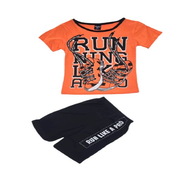 Little People Shop - Boys Black Shorts and Printed Orange Top- Casual Set